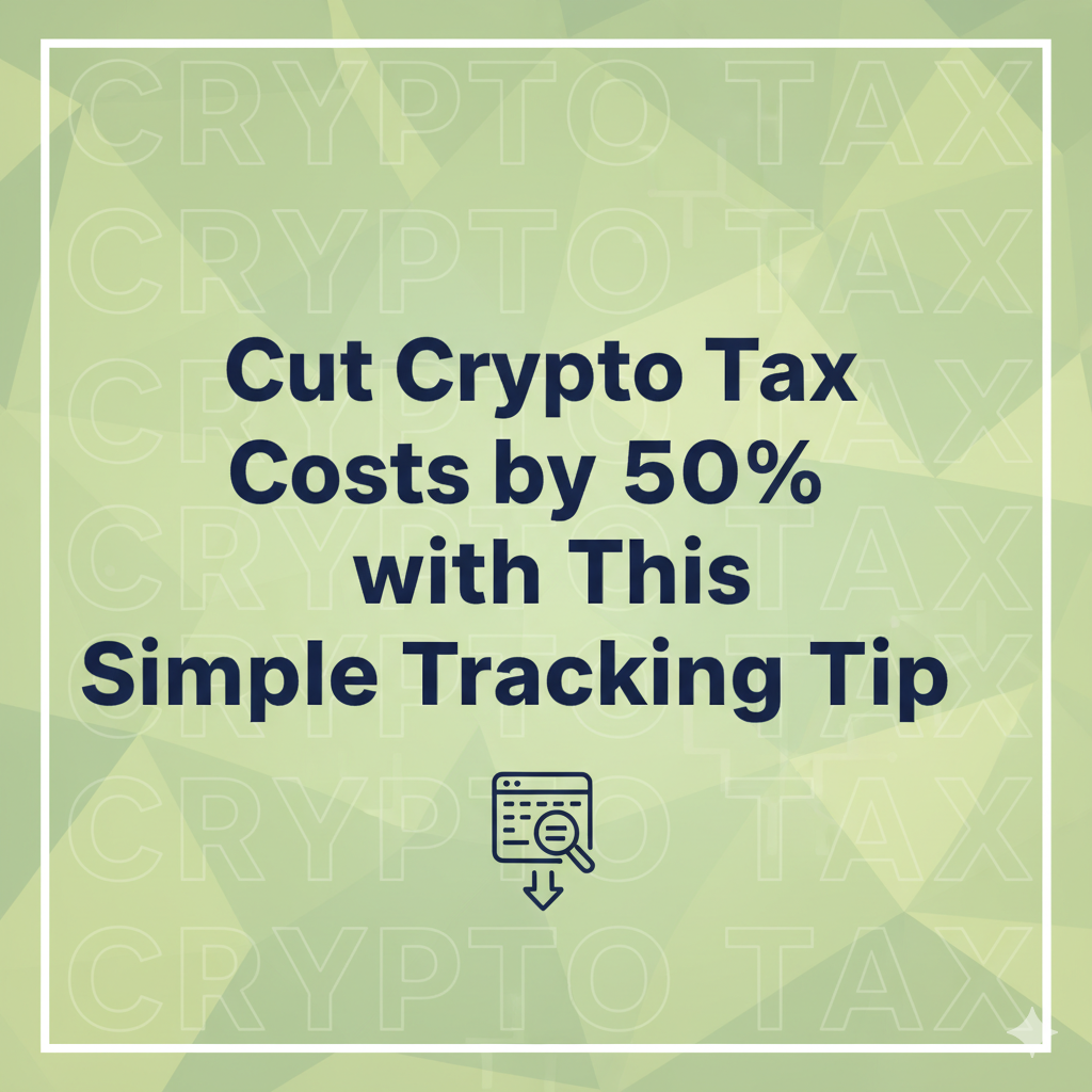 A green and blue graphic with the headline: Cut Crypto Tax Costs by 50% with This Simple Tracking Tip. Includes a small icon of a calendar or spreadsheet being reviewed under a magnifying glass, symbolizing tracking and record-keeping.